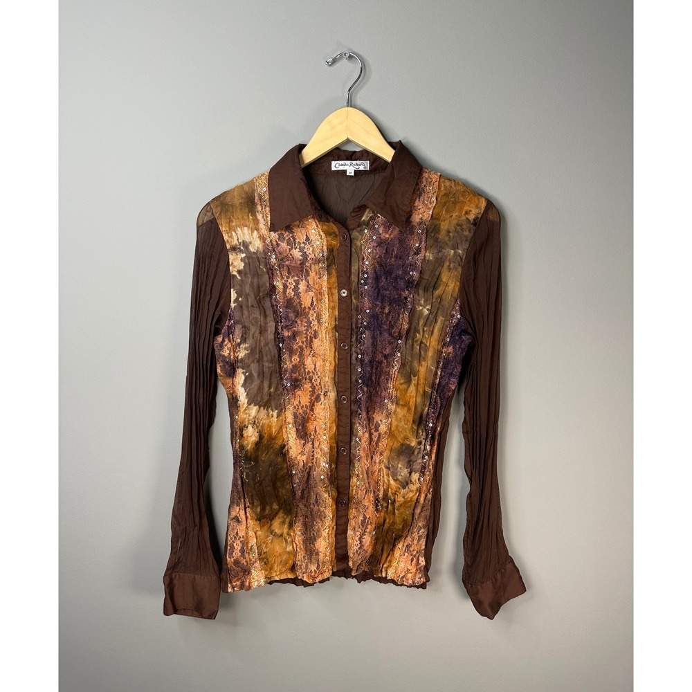 Claudia Richard Blouse Womens M Brown Tie Dye Lace Sequin Long Sleeve Button Up